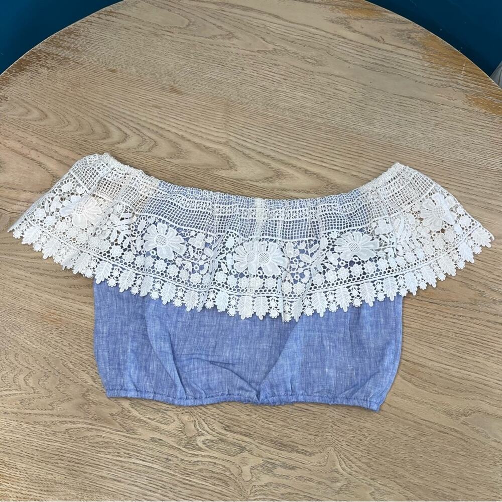 Miguelina Dakota Chambray Lace Crochet Off The Shoulder Crop Top Blue Size Small - Picture 4 of 8